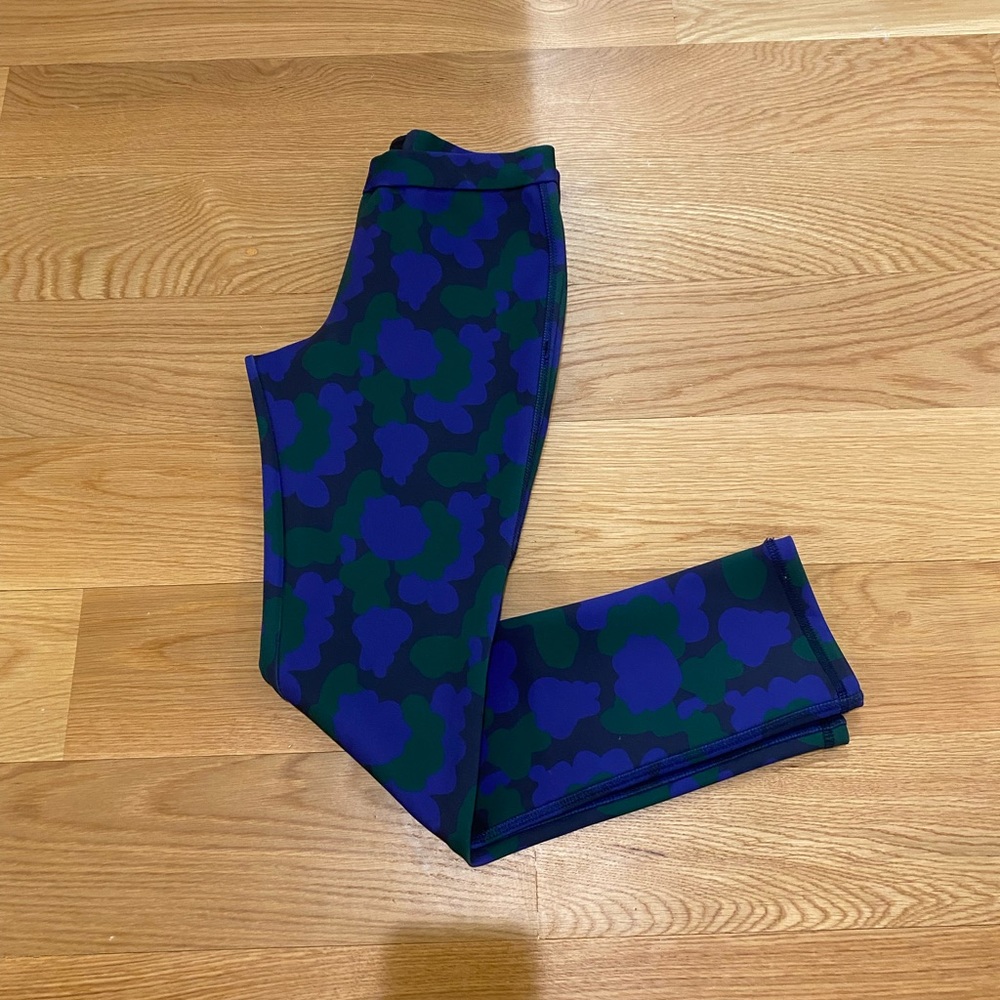 Royal blue/ green camo print neoprene cigarette pants by Cynthia Rowley